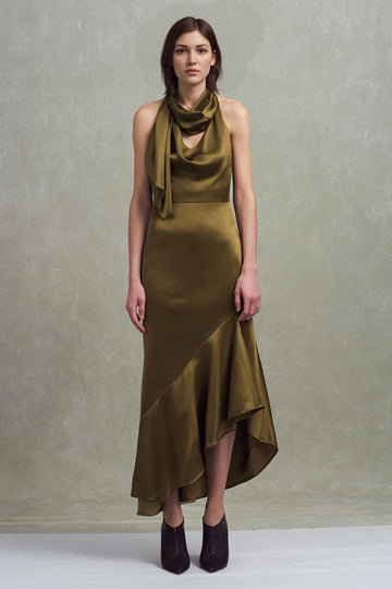 Halter Satin Ruffled Olive Wedding Guest Dress